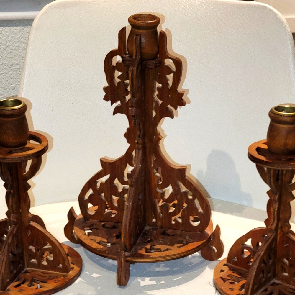 Vintage trio Carved Wood hand scrolled candlesticks Holders